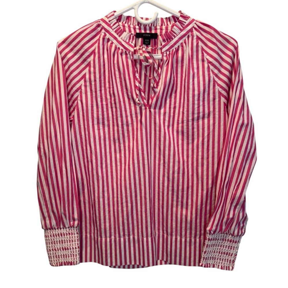 J.Crew Pink White Striped Ruffle Neck Smocked Cuff Poplin Top XXS Peasant